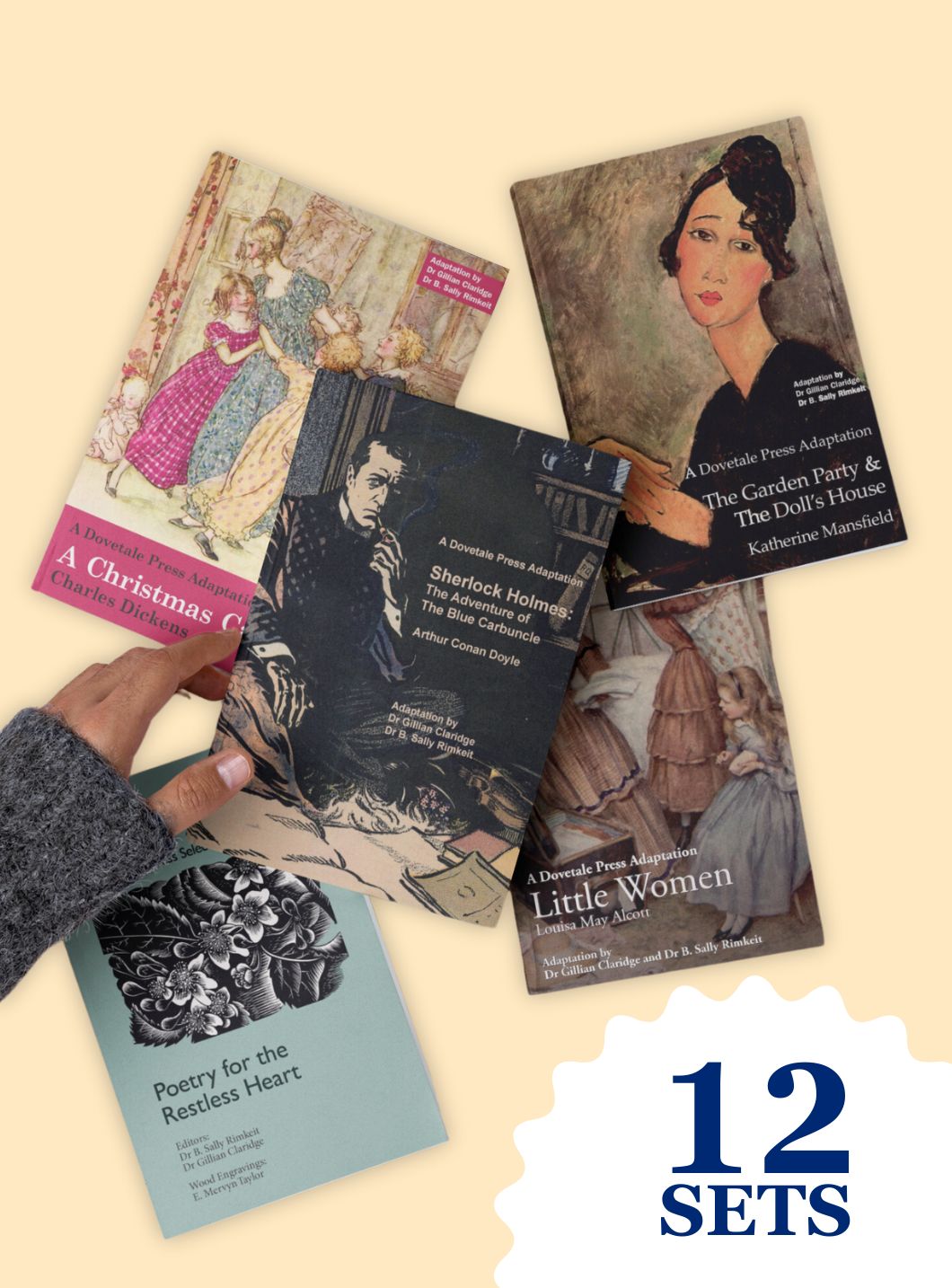 The covers of Dovetale Press adaptations of classic literature books, including The Garden Party & The Doll's House by Katherine Mansfield, Little Women by Louisa May Alcott, Sherlock Holmes: The Adventure of the Blue Carbuncle by Arthur Conan Doyle, and A Christmas Carol by Charles Dickens. A hand is picking up Sherlock Holmes. Bottom right text reads: "12 Sets".