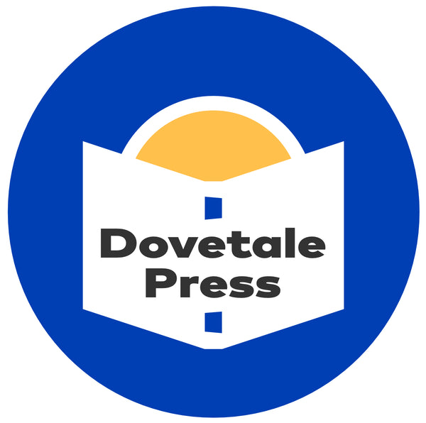 The Dovetale Press Logo. A blue and yellow circle logo featuring an open book with dovetales