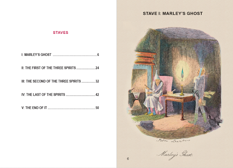 A book spread. Pg 5 of A Christmas Carol. Index page on the left side and a colourful drawing of Marley's ghost and Scrooge