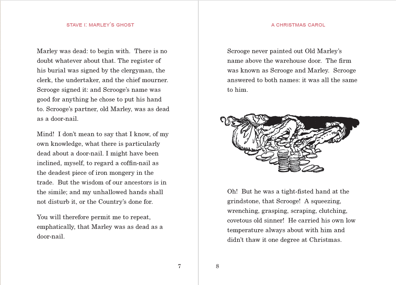 A book spread. Pg 7-8 of A Christmas Carol. Text on the left page and a drawing of hands counting coins on the right page.