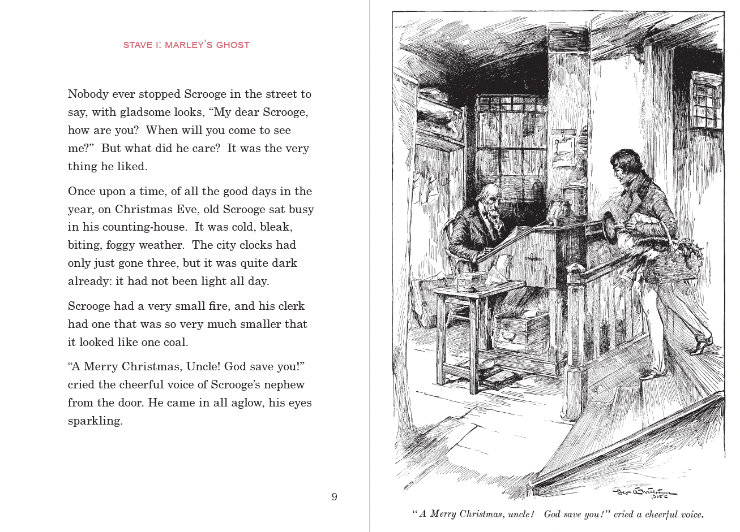 A book spread. Pg 9 of A Christmas Carol. Text on the left page and a drawing of two mean talking on the right page.
