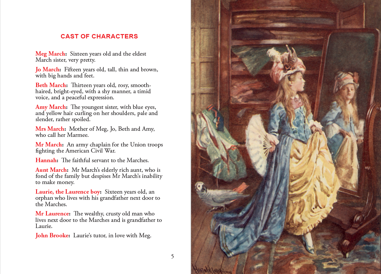 A book spread from Little Women. Pg 5 has the cast of characters and Pg 10 has an illustration of a girl dressed up in front of a mirror holding a fan.