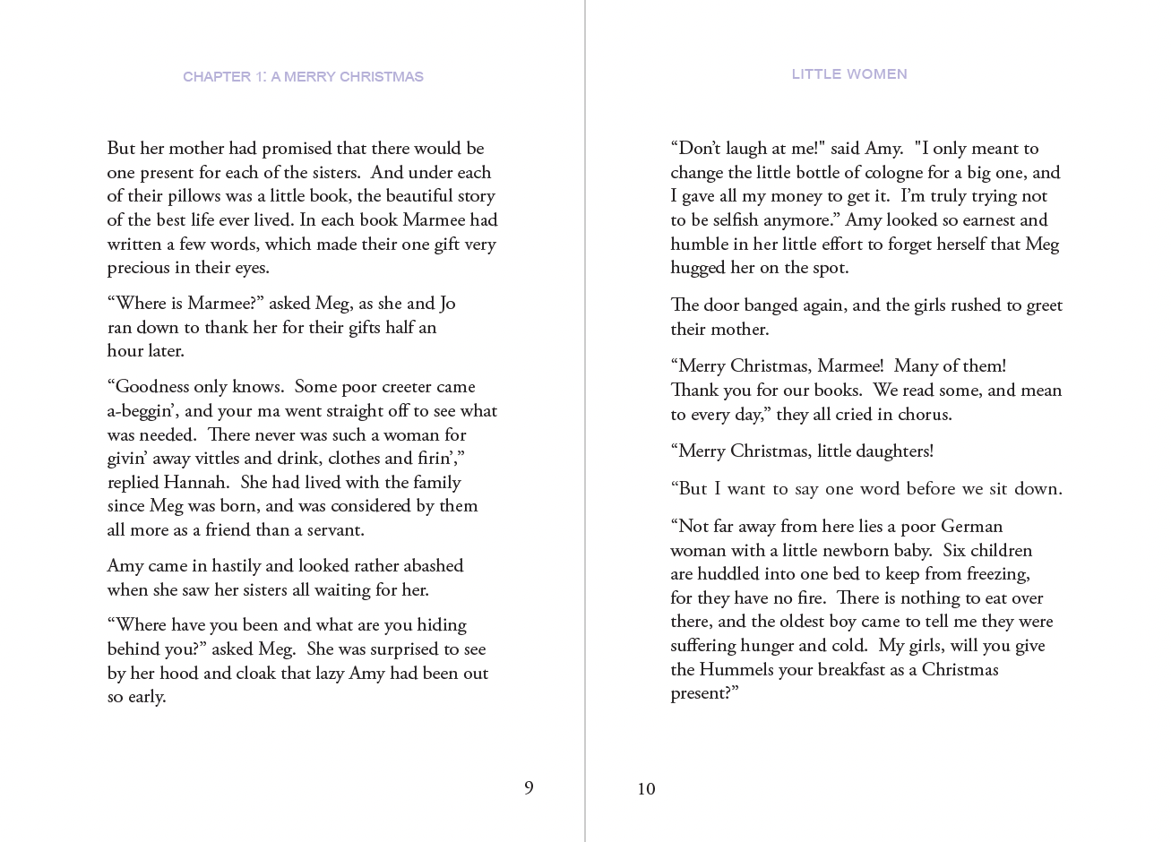 A book spread. Pg 9 and 10 text from Little Women.
