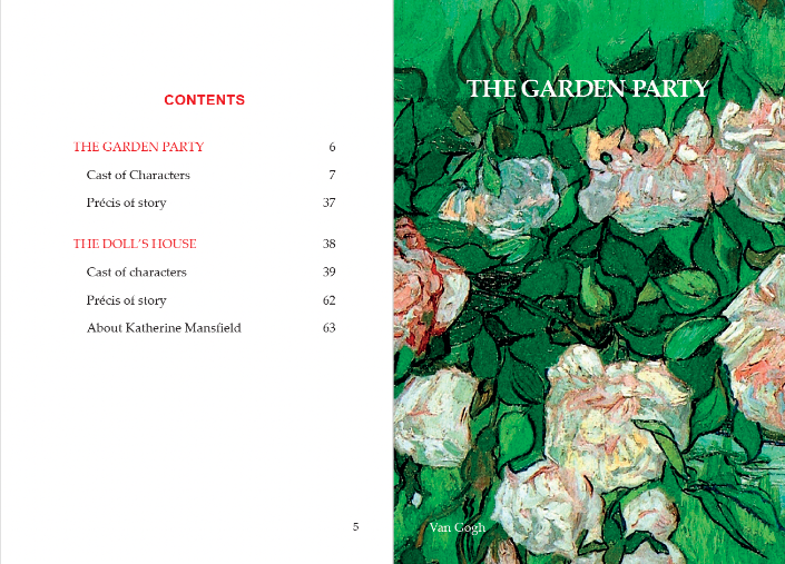 The Garden Party and The Doll's House book spread. Pgs 5-6 featuring a Van Gogh painting. Pg 5 is the content page and Pg 6 has a painting of pink peonies and green leaves 