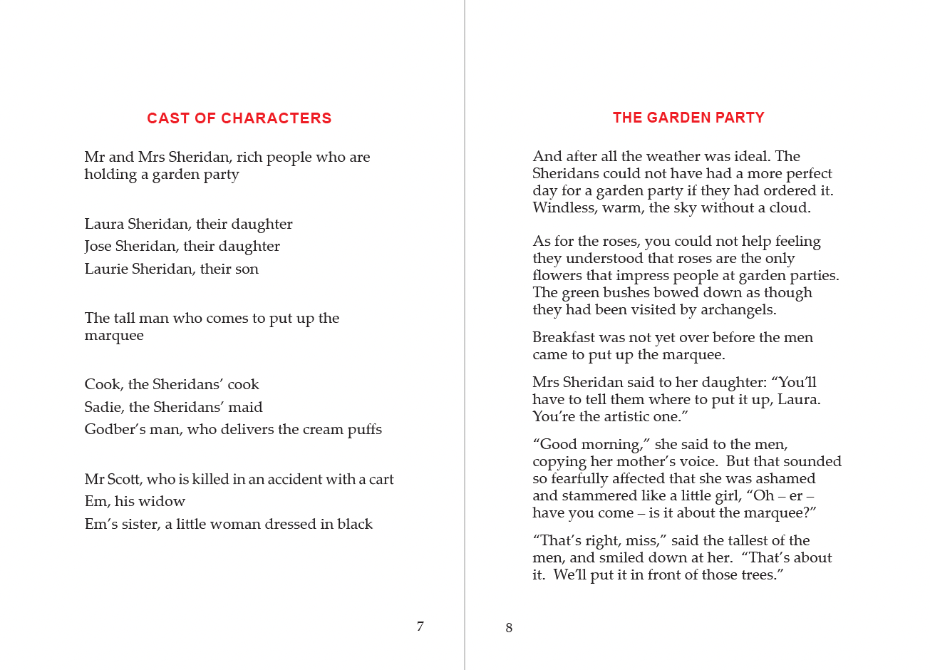 The Garden Party and The Doll's House book spread. Pgs 7-8, a Cast of Characters and The Garden Party chapter