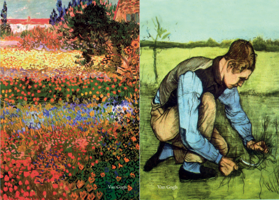 The Garden Party and The Doll's House book spread. Pgs 9-10 featuring Van Gogh paintings. Pg 9 has a field of flowers and Pg 10 has a man kneeling on a farm