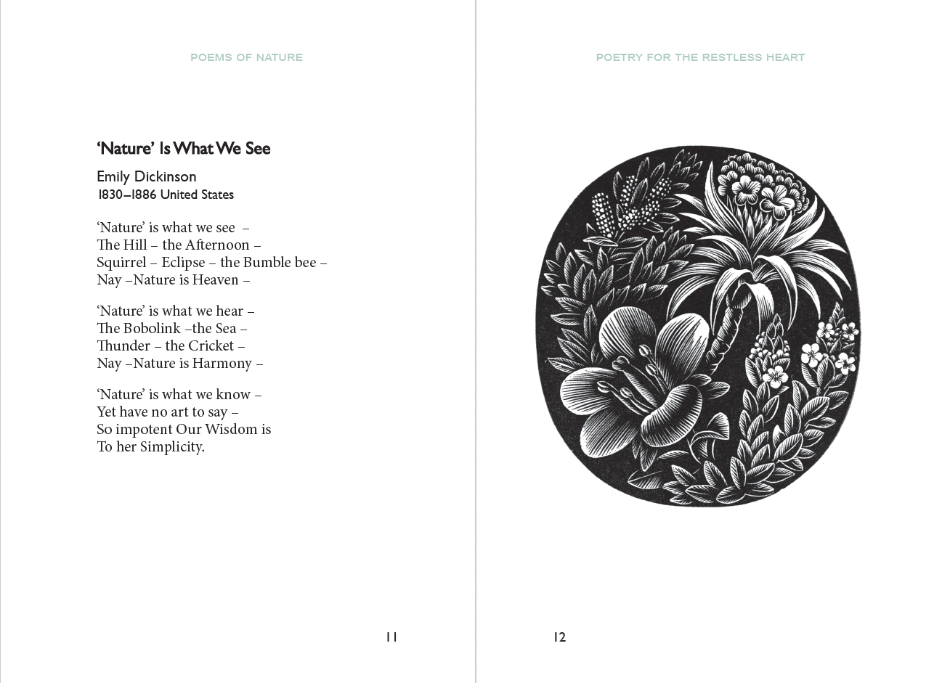 Poetry for The Restless Heart book spread. Pg 11-12 has text and Pg 12 has a woodcut print of flowers and leaves