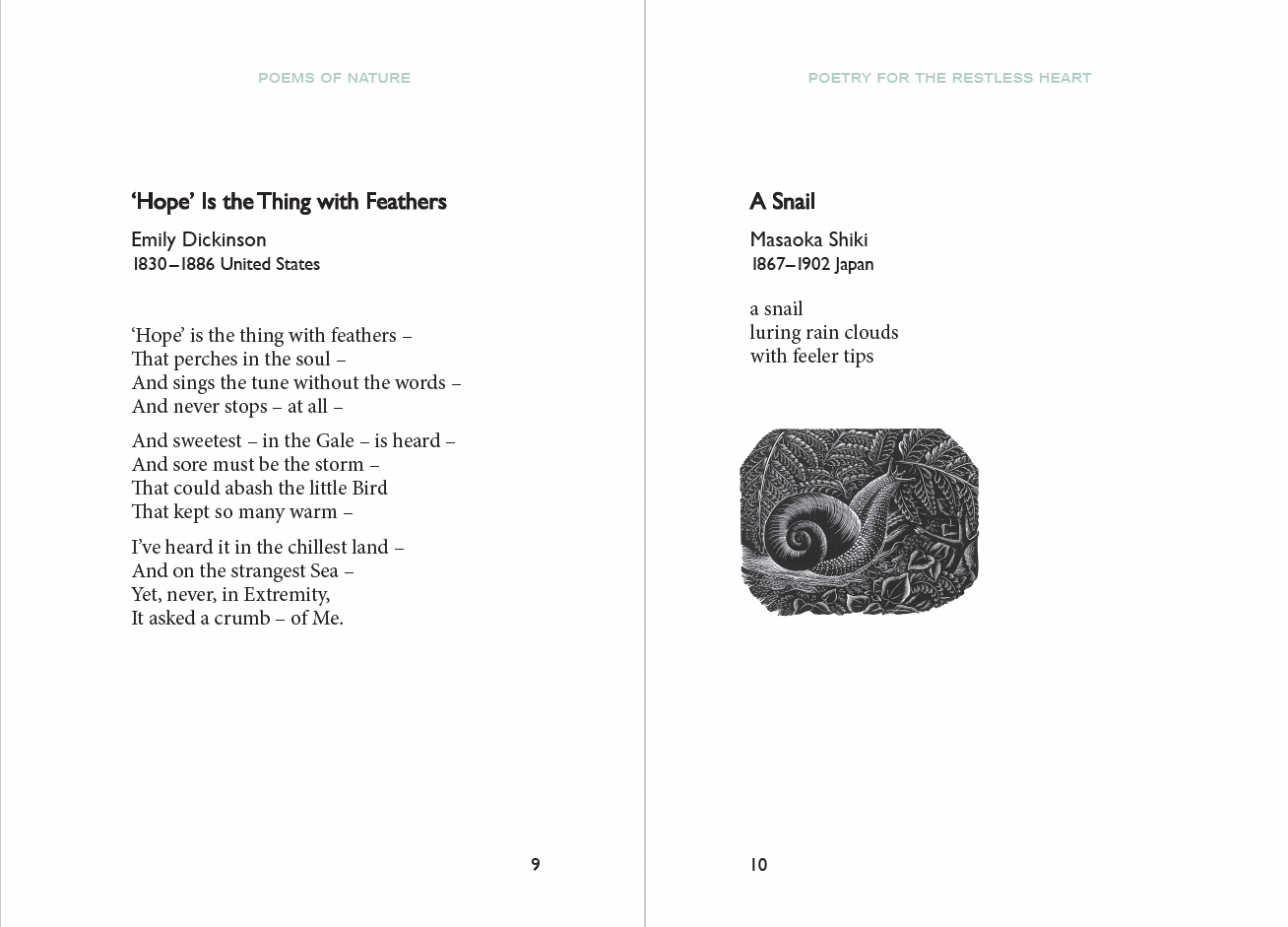 Poetry for The Restless Heart book spread. Pg 9-10 has text and Pg 10 has a woodcut print of a snail