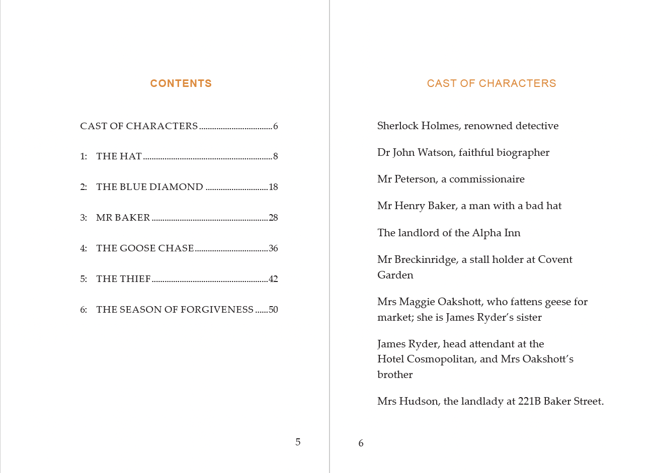 Sherlock Holmes book spread. Pgs 5-6. The contents page and cast of characters page