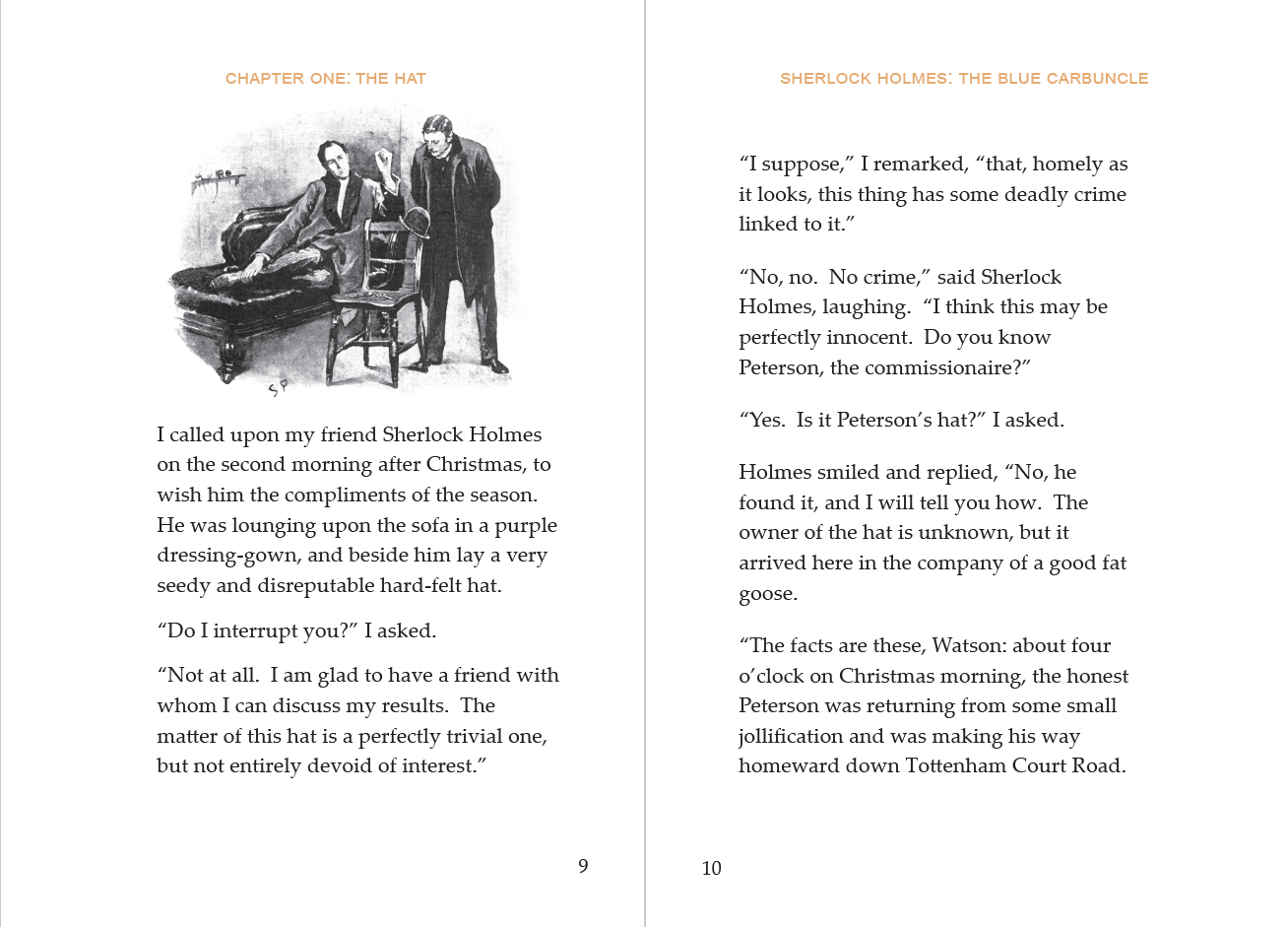 Sherlock Holmes book spread. Pgs 9-10. Pg 9 has an illustration of Sherlock talking to someone as he inspects a hat